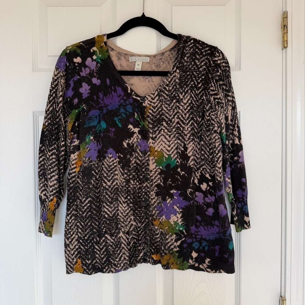 Dana Buchman Patterned Cardigan Sweater Three Quarter Length Sleeves Size XL